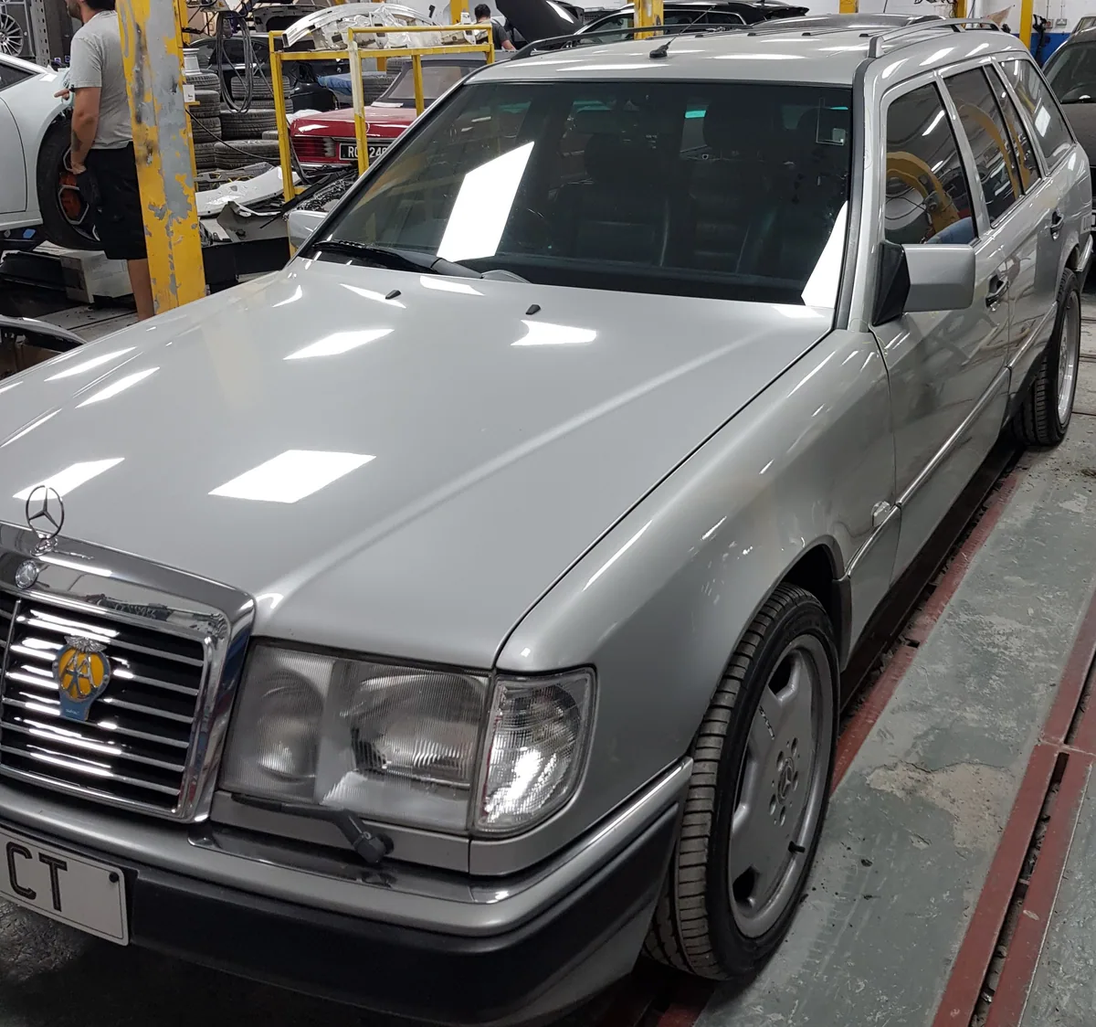 Classic Mercedes saloon front view after windscreen replacement.