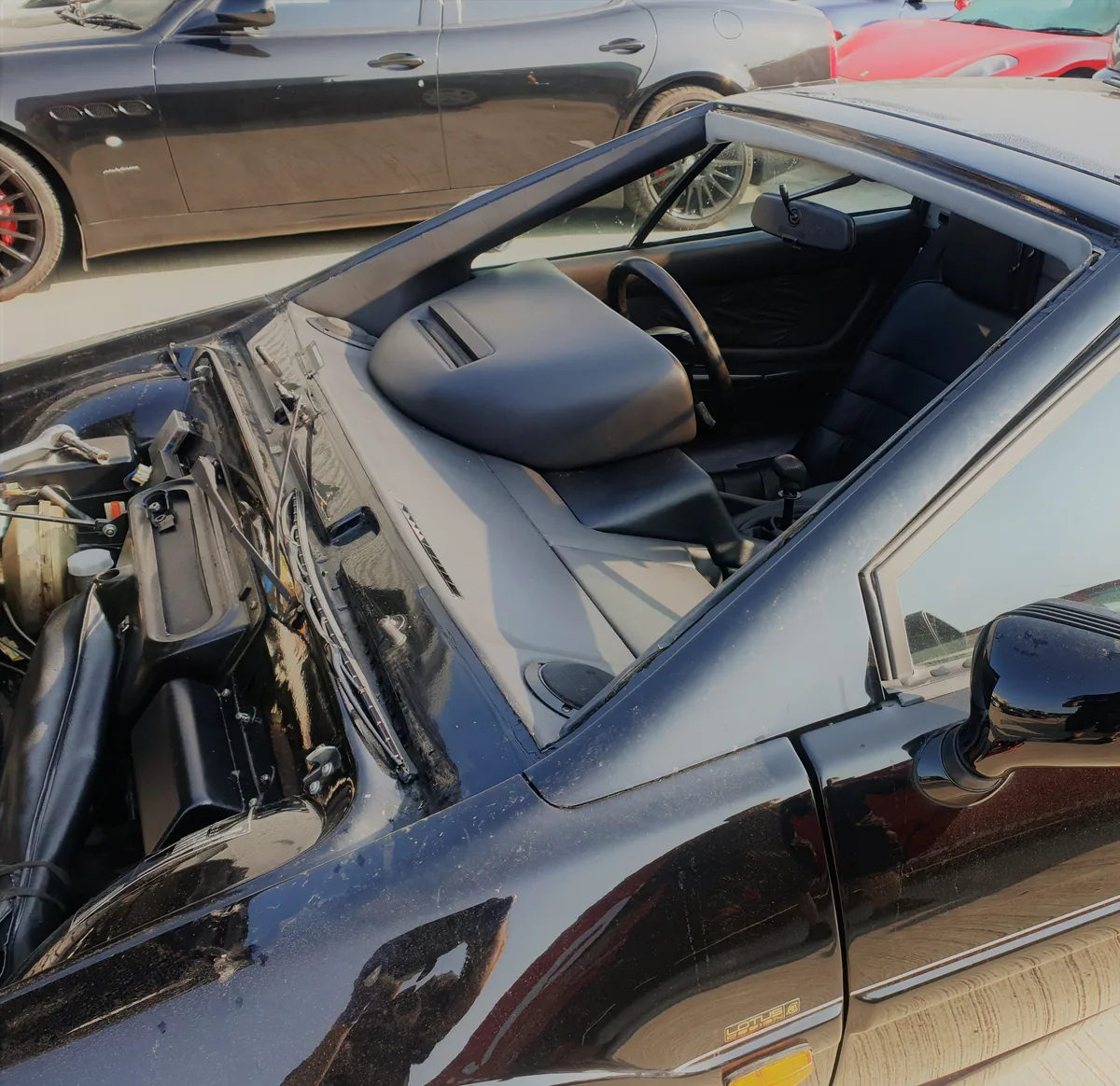 Lotus Esprit with the new windscreen installed in the rubber surround.