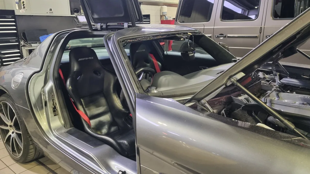 Dashboard view of the Mercedes SLS Gullwing with the windscreen removed.