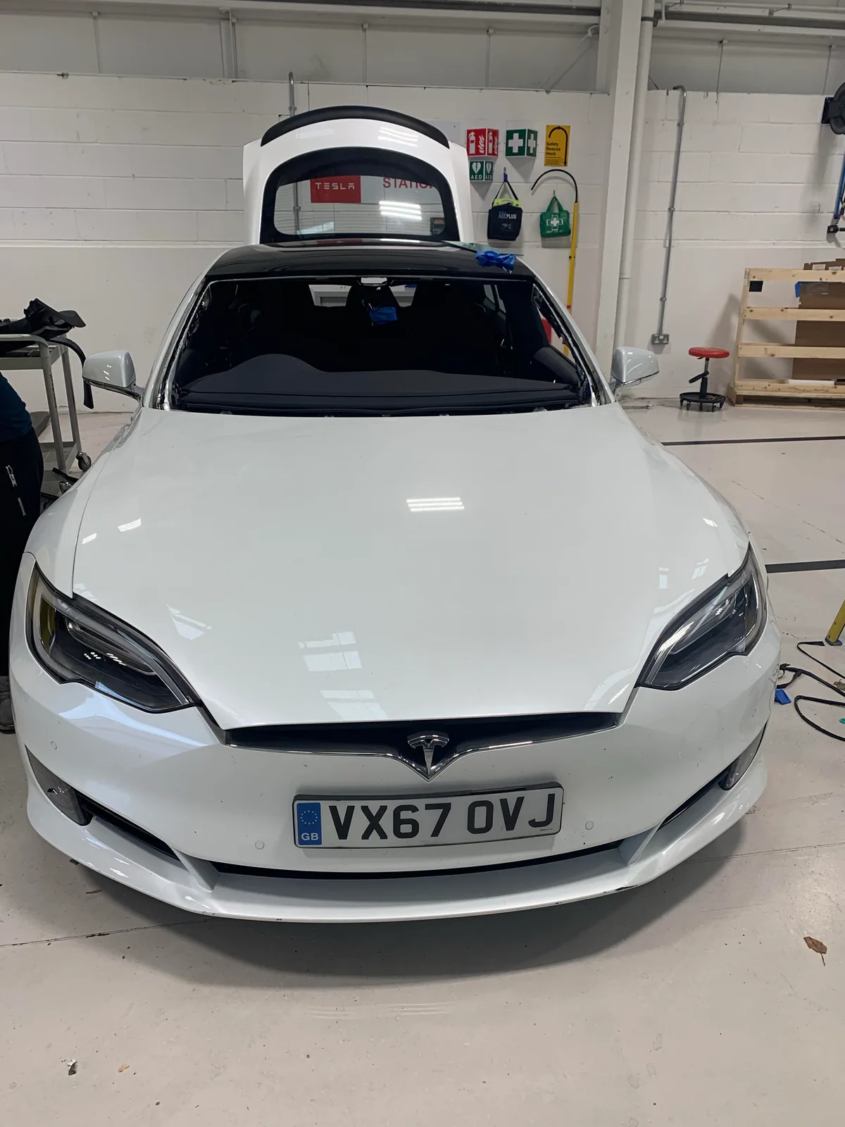 Tesla Model S front view after windscreen replacement.