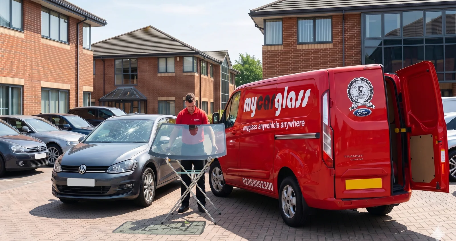 A MyCarGlass fitter at a windscreen-glass stand beside the red van, replacing the windscreen on a customer's grey VW Golf in a residential car park.