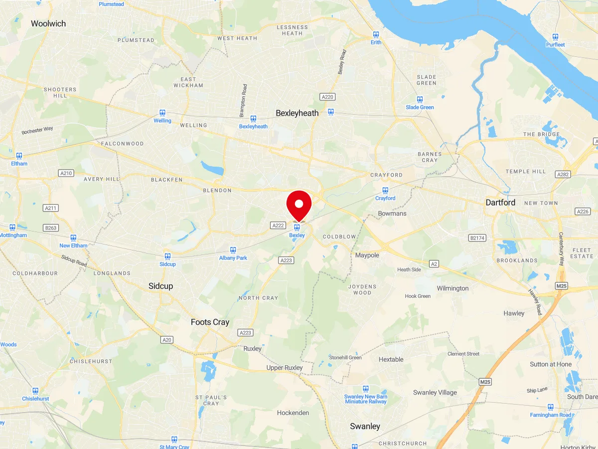 Map of Bexley, SE London — MyCarGlass mobile windscreen replacement and repair service area