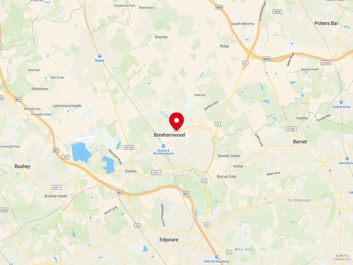Map of Borehamwood, Hertfordshire — MyCarGlass mobile windscreen replacement and repair service area
