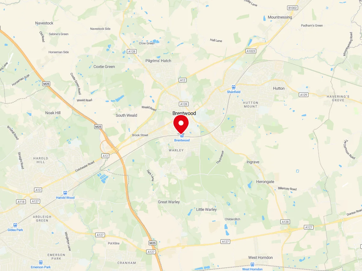 Map of Brentwood, Essex — MyCarGlass mobile windscreen replacement and repair service area