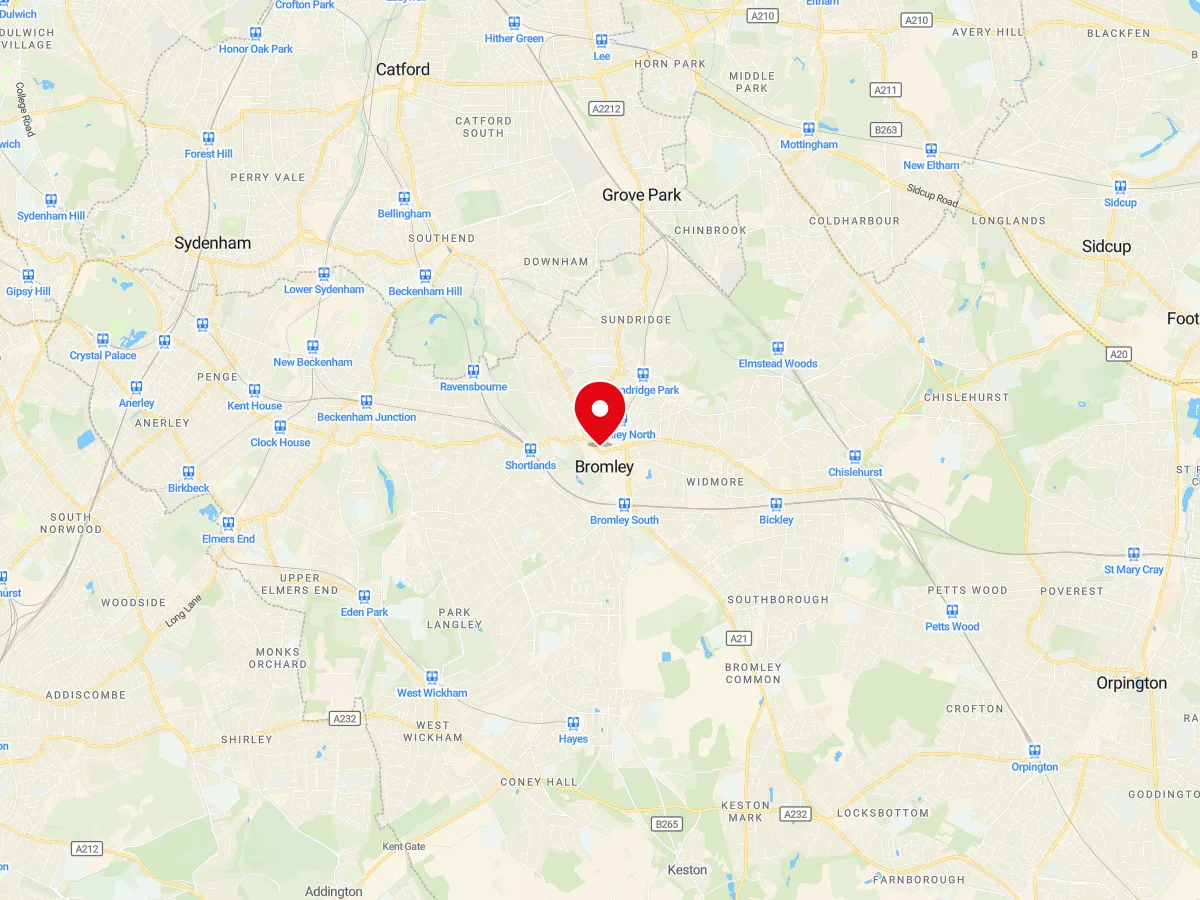 Map of Bromley, SE London — MyCarGlass mobile windscreen replacement and repair service area