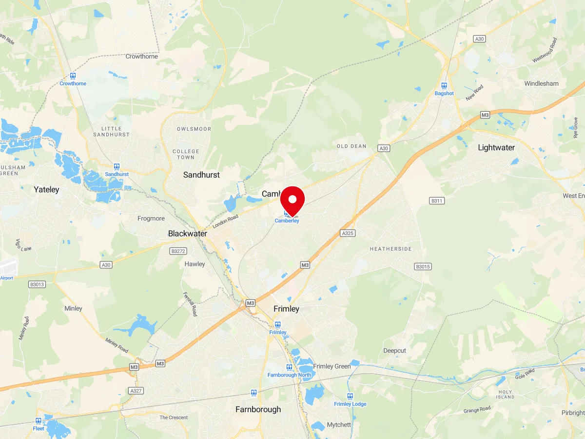 Map of Camberley, Surrey — MyCarGlass mobile windscreen replacement and repair service area