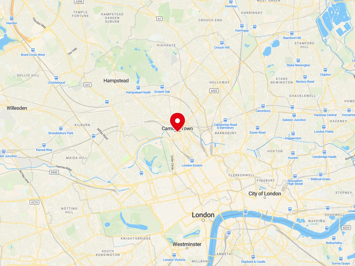 Map of Camden, North London — MyCarGlass mobile windscreen replacement and repair service area