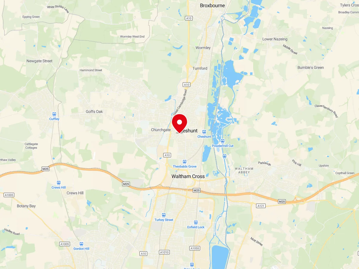 Map of Cheshunt, Hertfordshire — MyCarGlass mobile windscreen replacement and repair service area