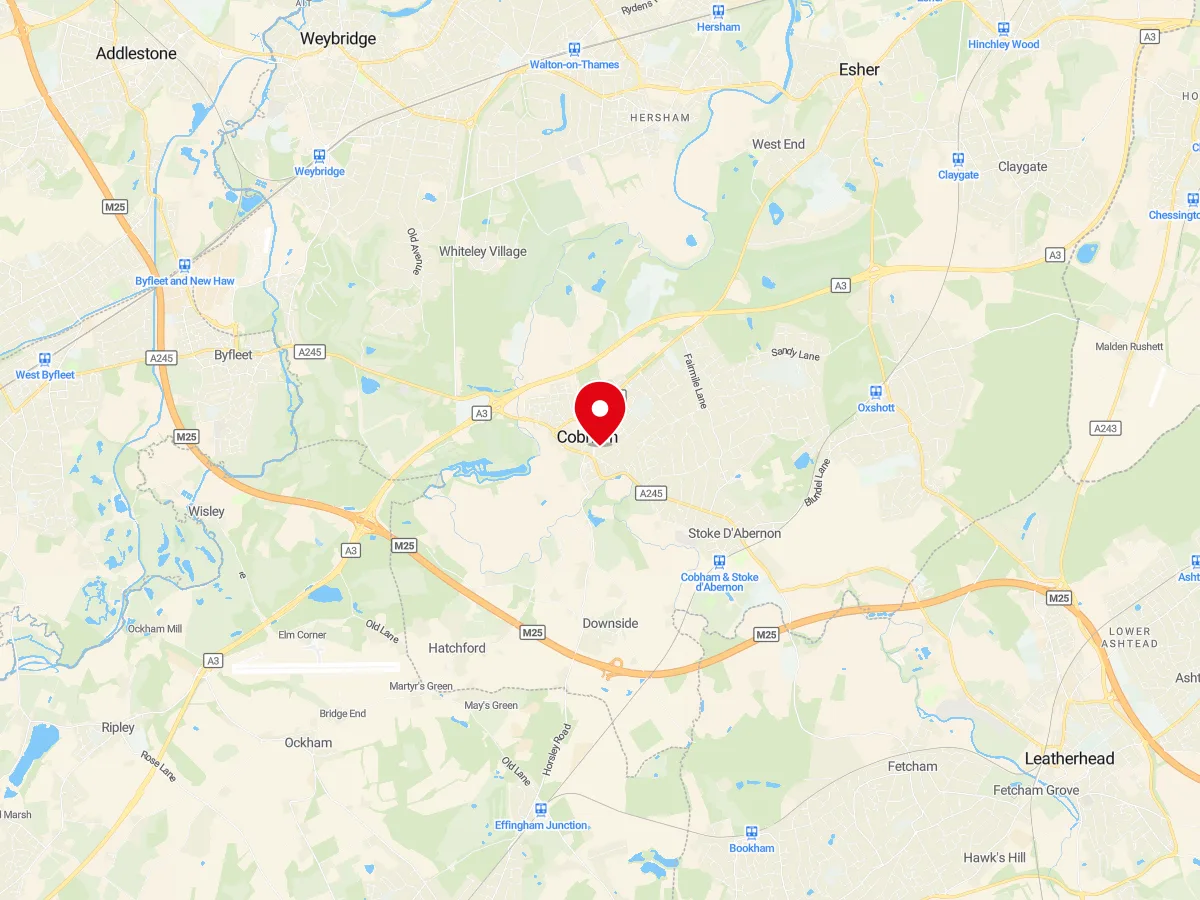 Map of Cobham, Surrey — MyCarGlass mobile windscreen replacement and repair service area