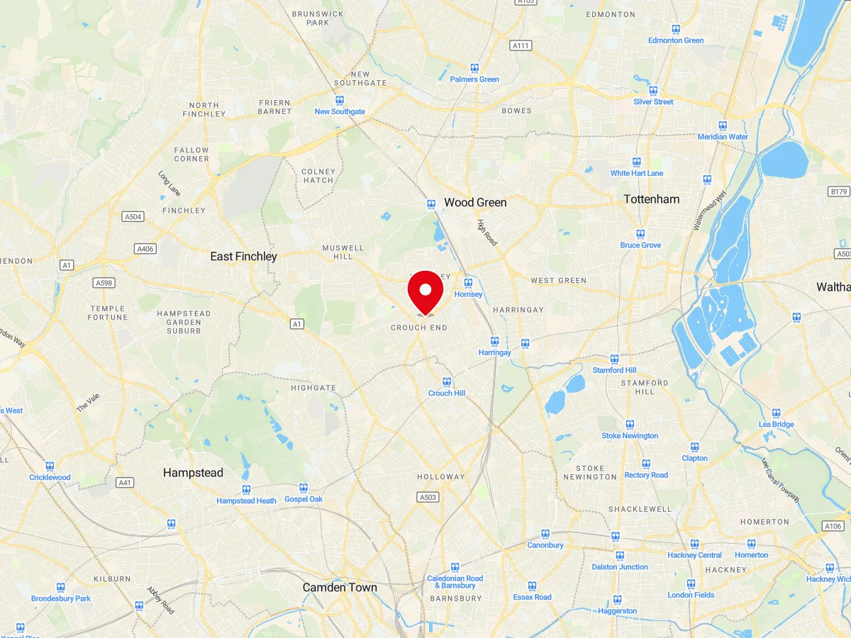 Map of Crouch End, North London — MyCarGlass mobile windscreen replacement and repair service area