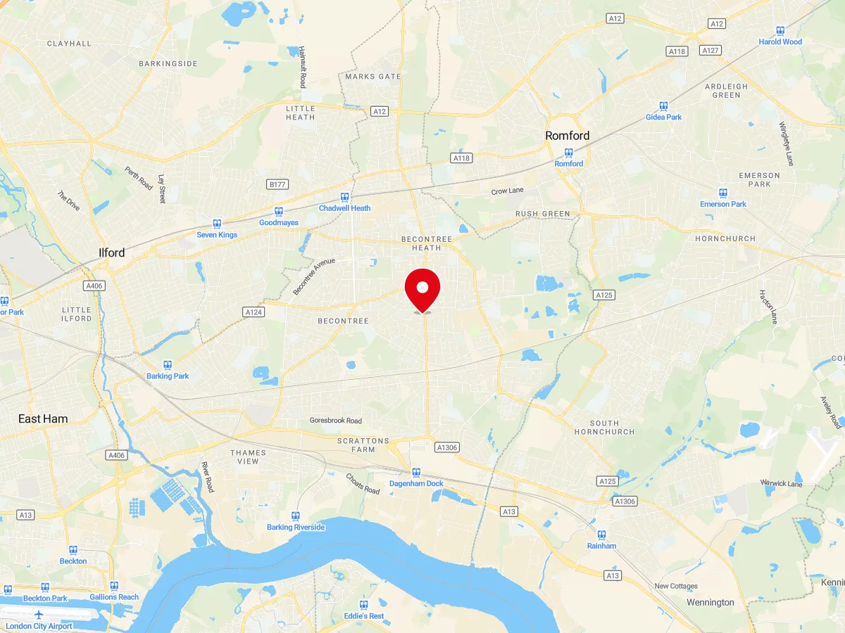 Map of Dagenham, East London — MyCarGlass mobile windscreen replacement and repair service area