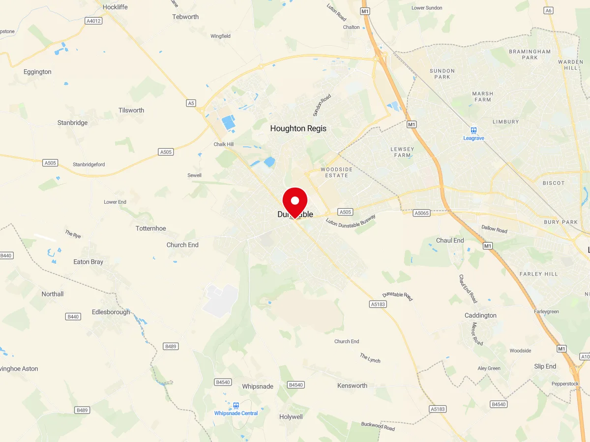 Map of Dunstable, Bedfordshire — MyCarGlass mobile windscreen replacement and repair service area