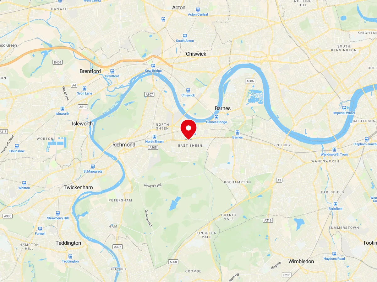 Map of East Sheen, SW London — MyCarGlass mobile windscreen replacement and repair service area