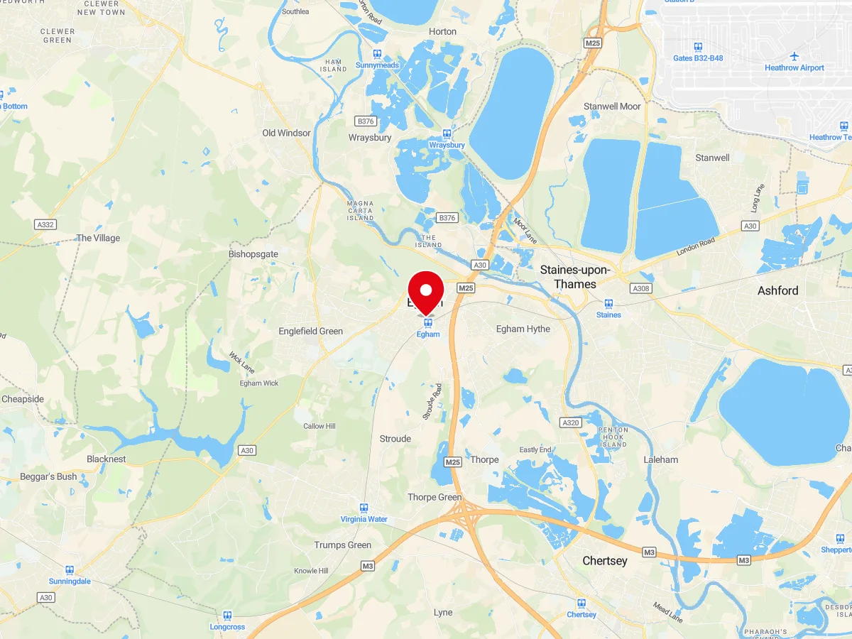 Map of Egham, Surrey — MyCarGlass mobile windscreen replacement and repair service area