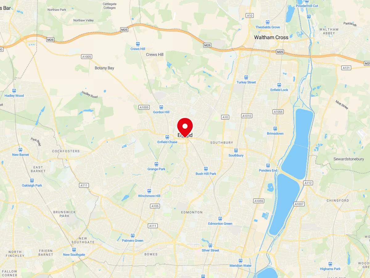 Map of Enfield, North London — MyCarGlass mobile windscreen replacement and repair service area