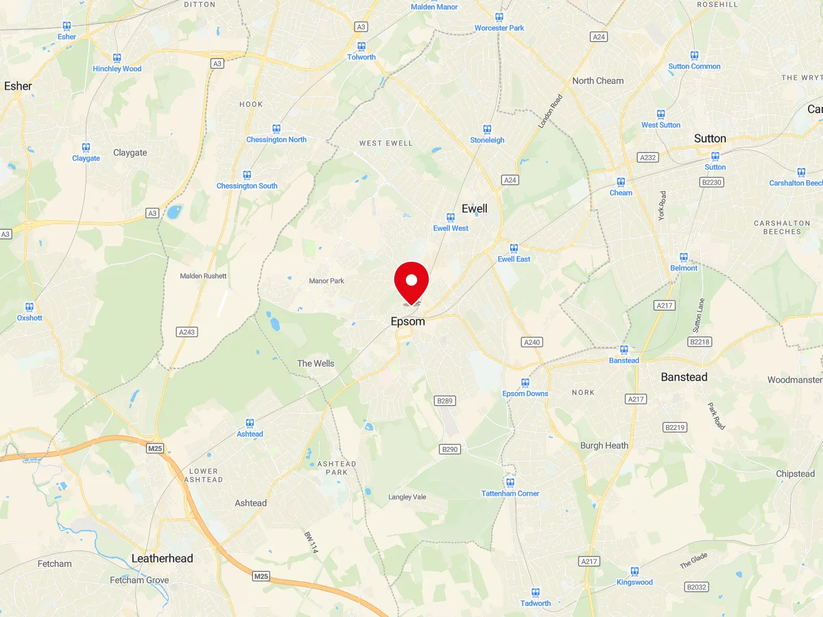 Map of Epsom, Surrey — MyCarGlass mobile windscreen replacement and repair service area