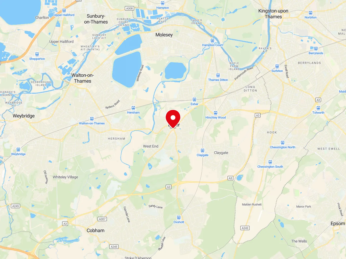 Map of Esher, Surrey — MyCarGlass mobile windscreen replacement and repair service area