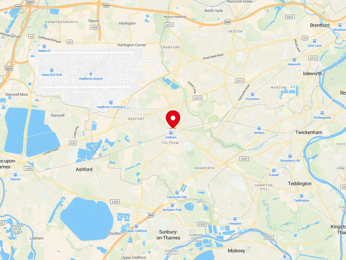 Map of Feltham, West London — MyCarGlass mobile windscreen replacement and repair service area