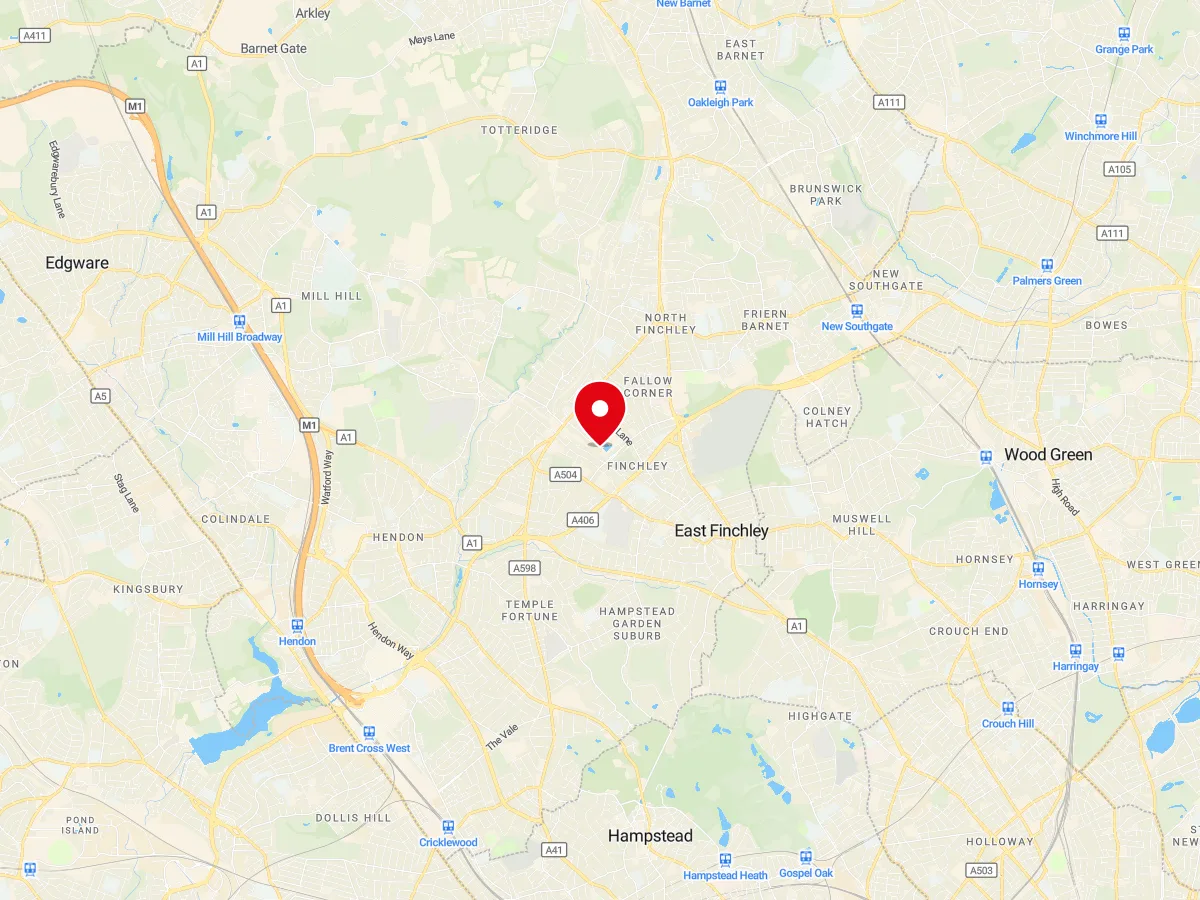 Map of Finchley, North London — MyCarGlass mobile windscreen replacement and repair service area