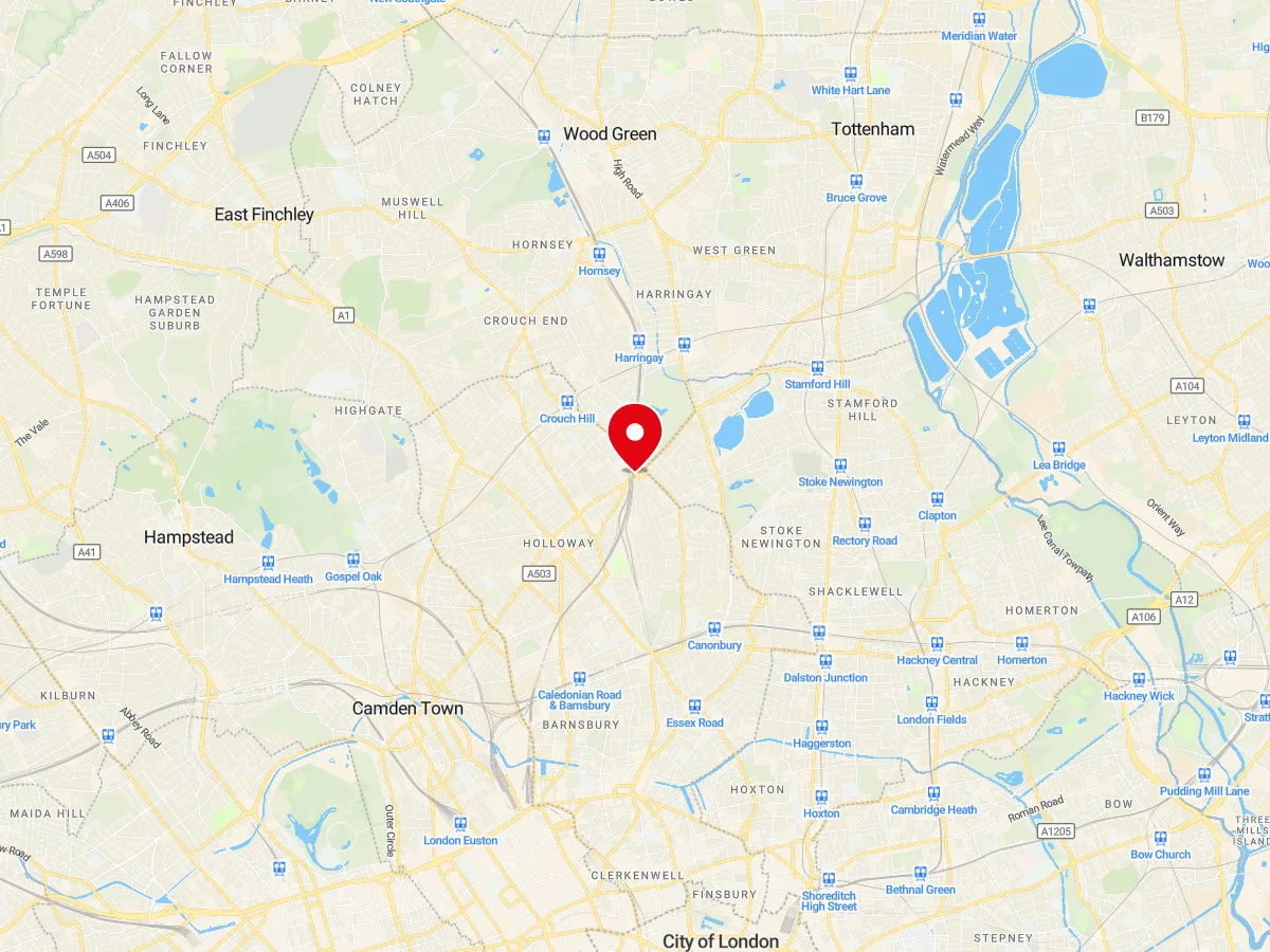 Map of Finsbury Park, North London — MyCarGlass mobile windscreen replacement and repair service area