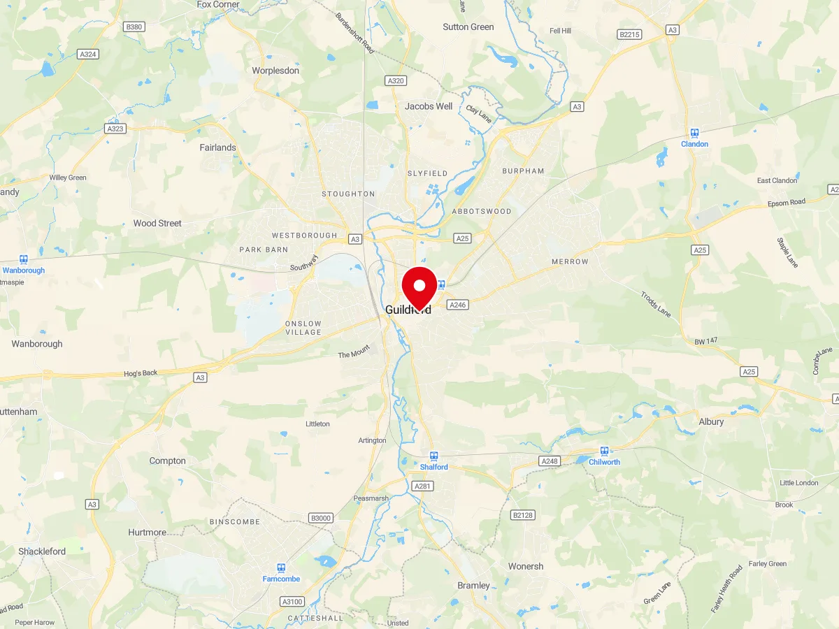 Map of Guildford, Surrey — MyCarGlass mobile windscreen replacement and repair service area