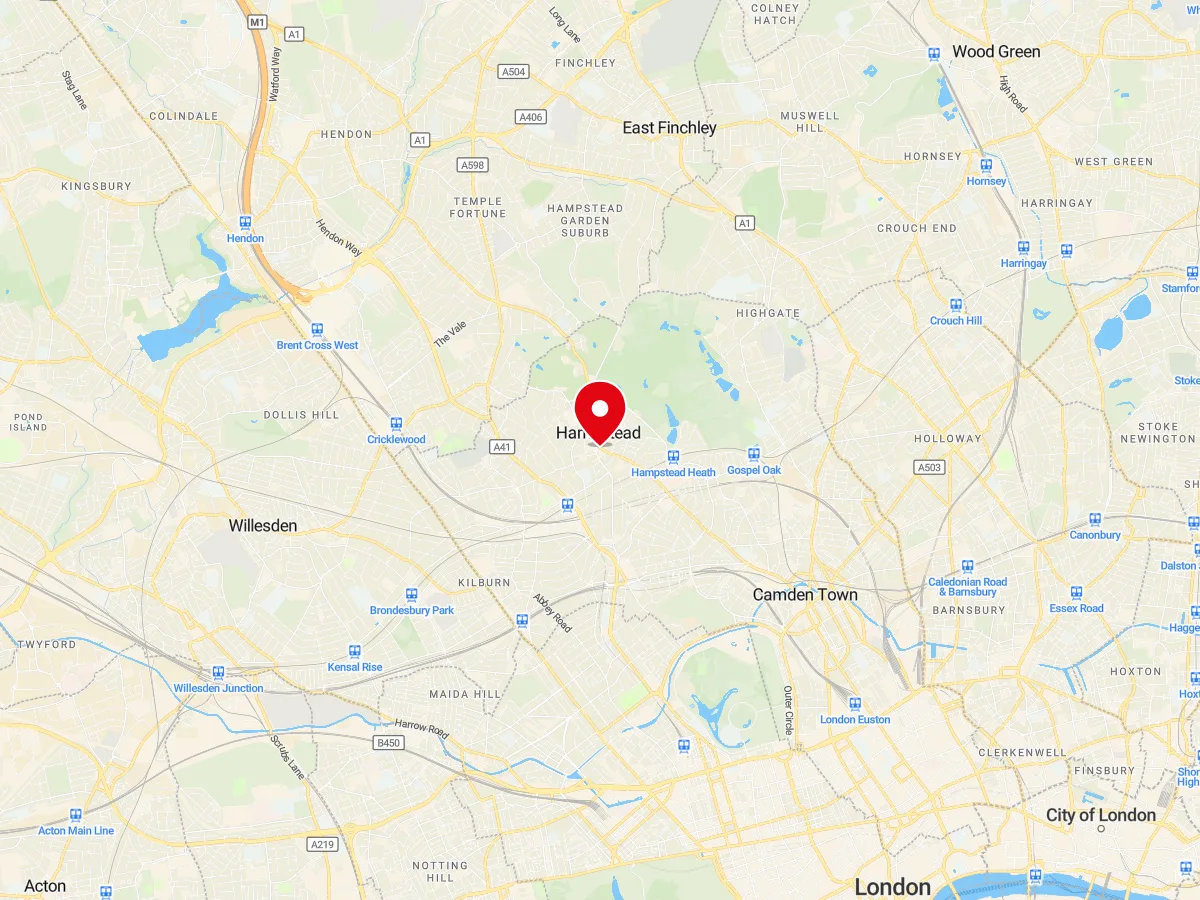 Map of Hampstead, North London — MyCarGlass mobile windscreen replacement and repair service area