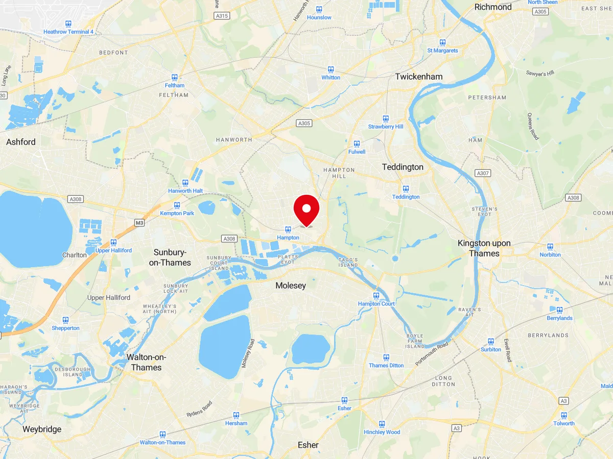 Map of Hampton, SW London — MyCarGlass mobile windscreen replacement and repair service area