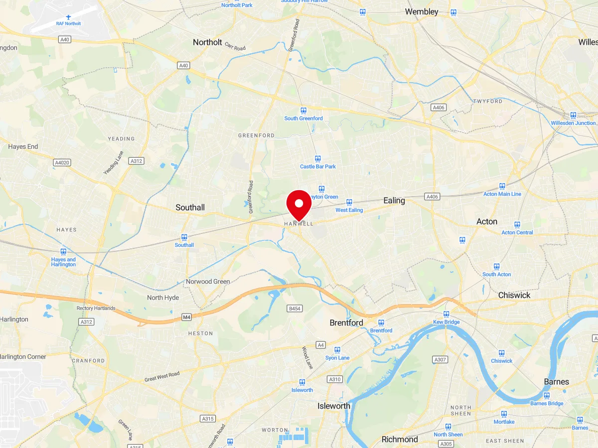 Map of Hanwell, West London — MyCarGlass mobile windscreen replacement and repair service area
