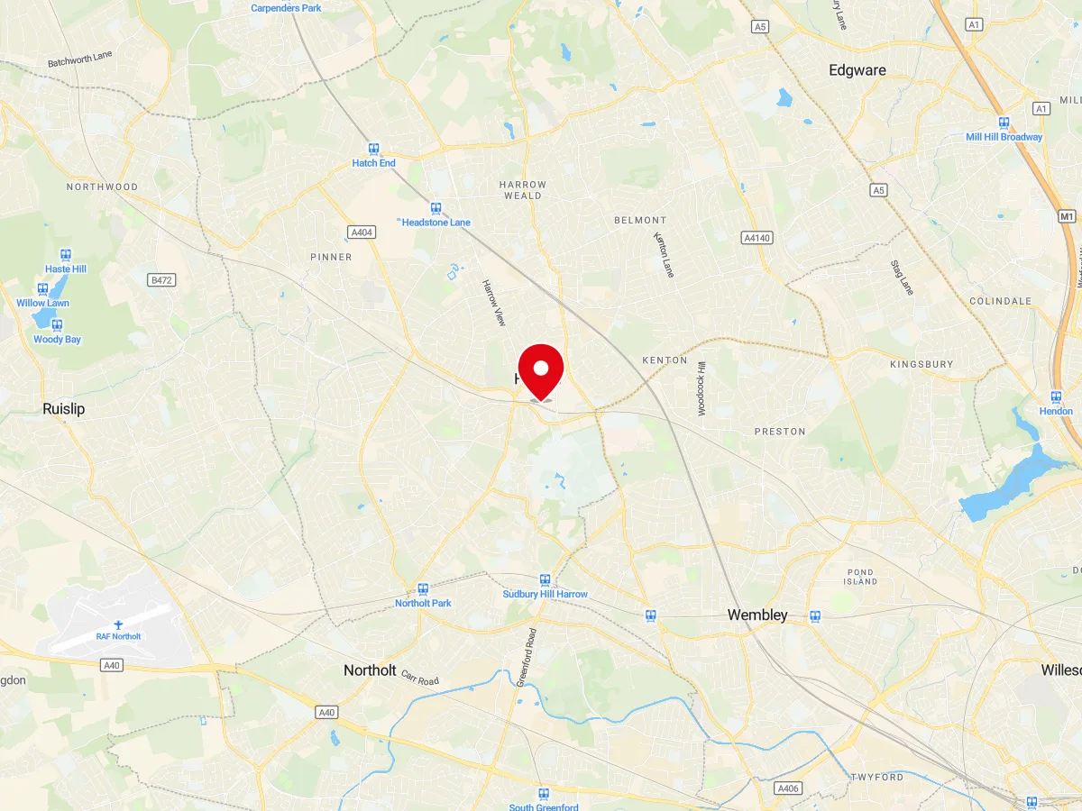Map of Harrow, NW London / Middlesex — MyCarGlass mobile windscreen replacement and repair service area