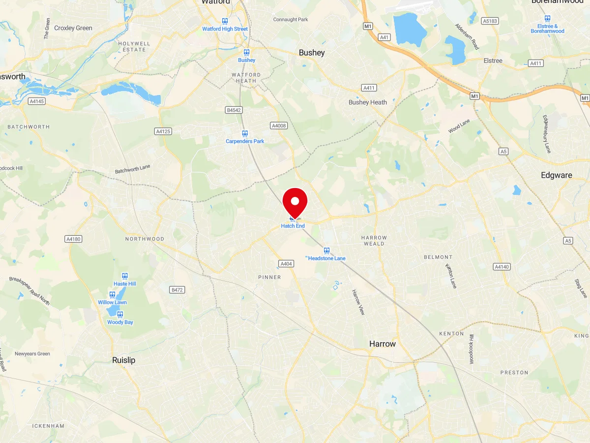 Map of Hatch End, NW London — MyCarGlass mobile windscreen replacement and repair service area