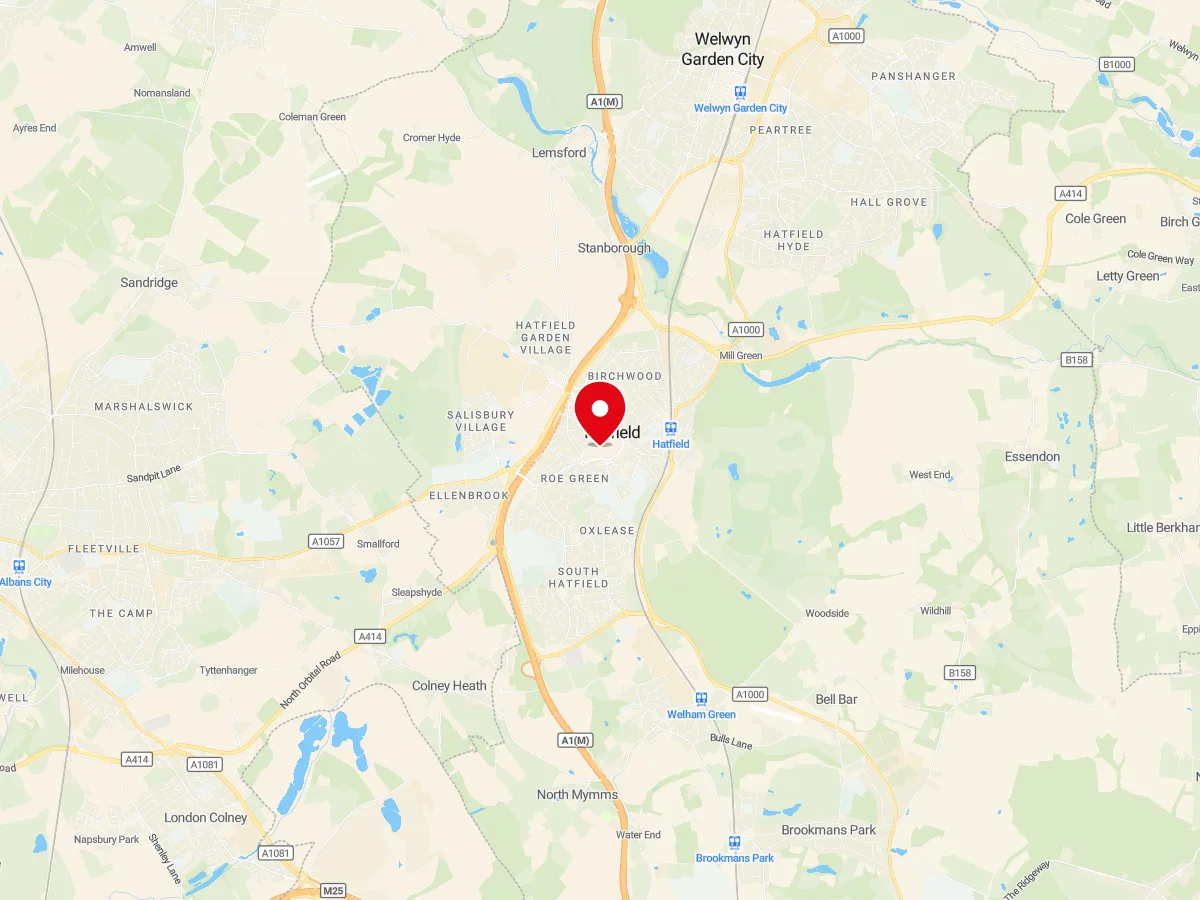 Map of Hatfield, Hertfordshire — MyCarGlass mobile windscreen replacement and repair service area