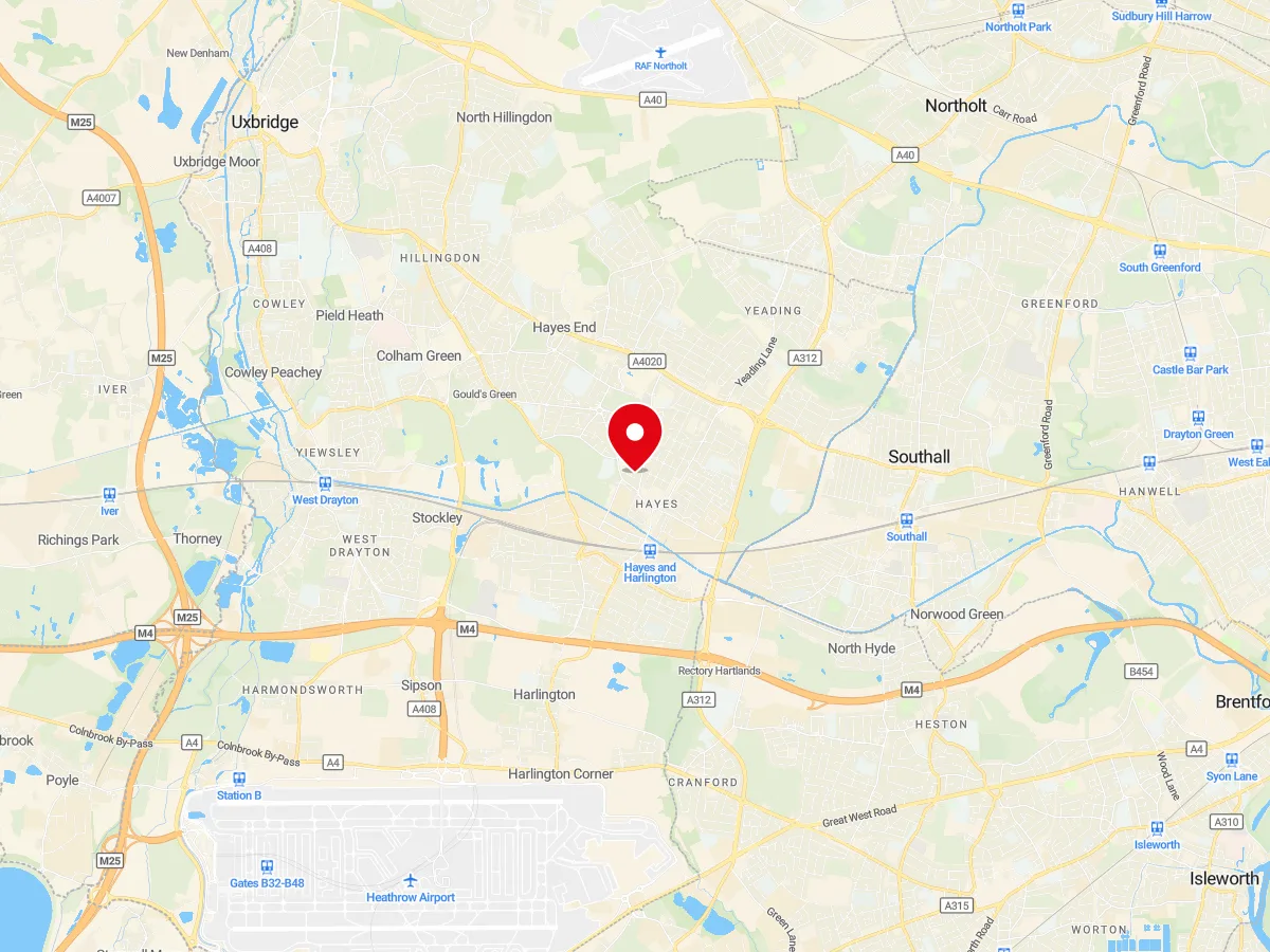Map of Hayes, West London / Middlesex — MyCarGlass mobile windscreen replacement and repair service area