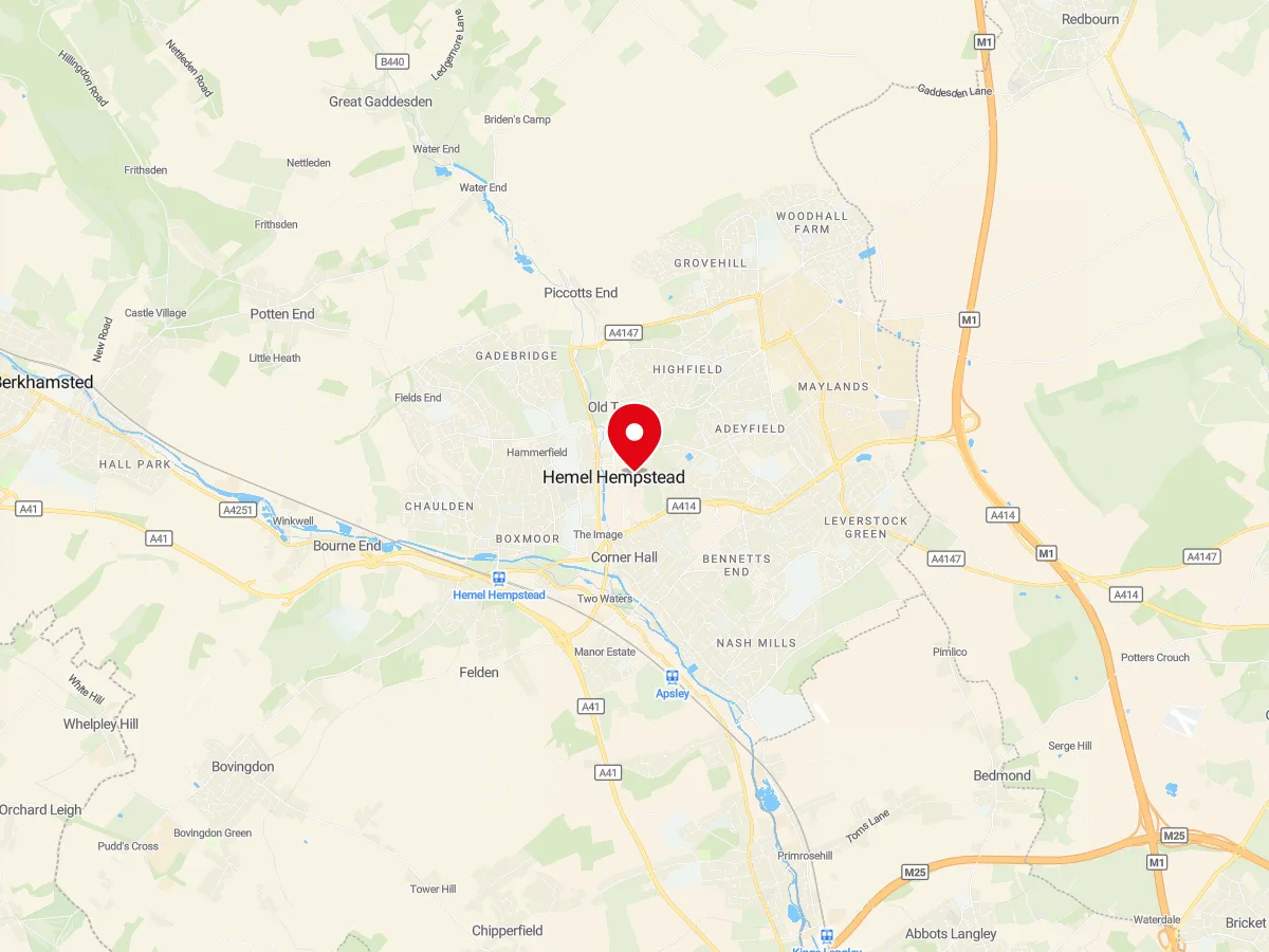 Map of Hemel Hempstead, Hertfordshire — MyCarGlass mobile windscreen replacement and repair service area