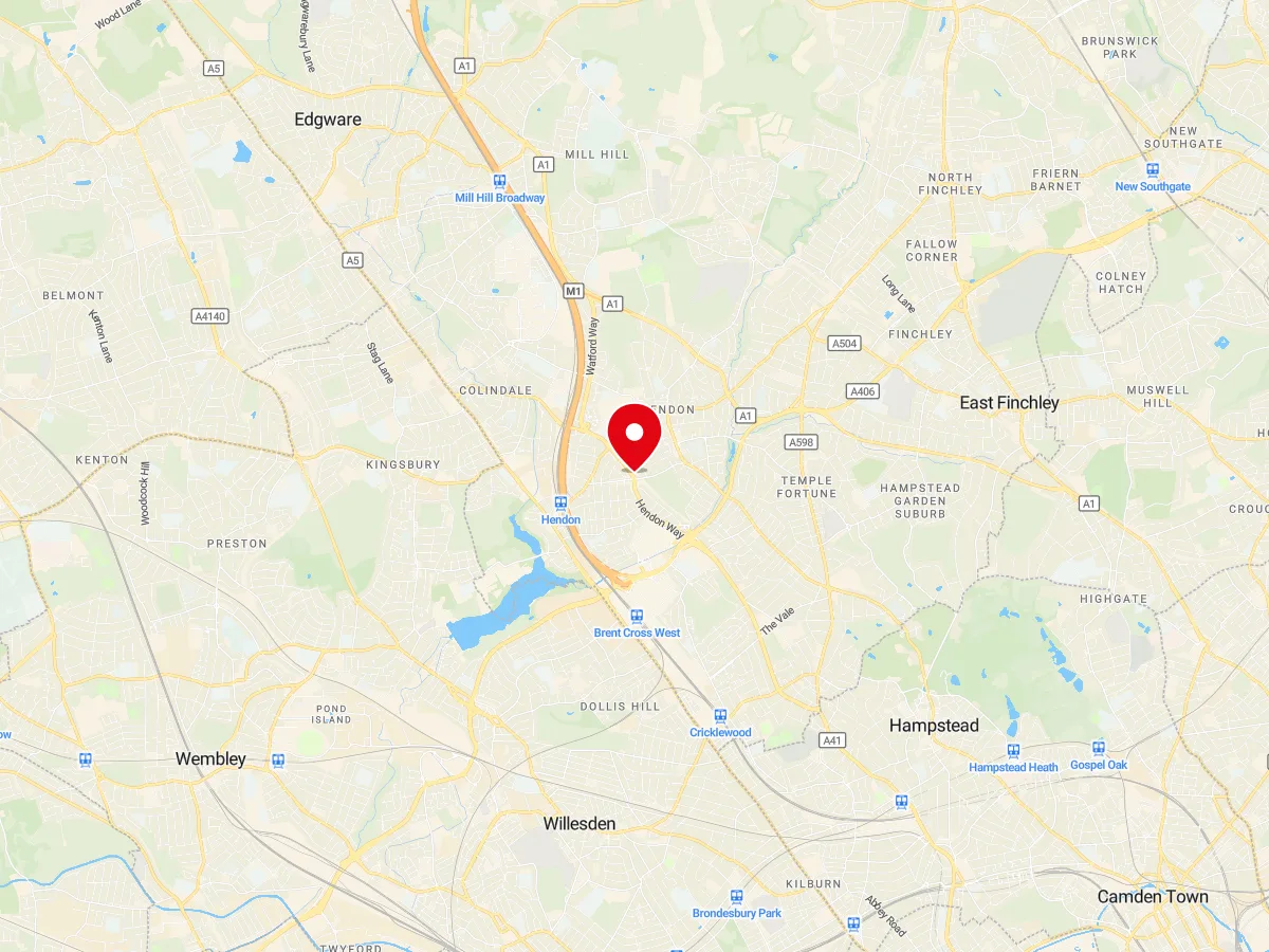 Map of Hendon, North London — MyCarGlass mobile windscreen replacement and repair service area