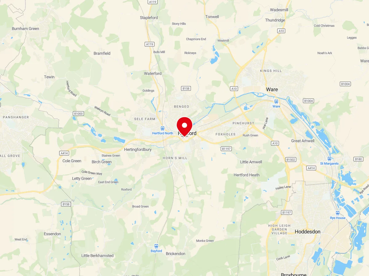 Map of Hertford, Hertfordshire — MyCarGlass mobile windscreen replacement and repair service area