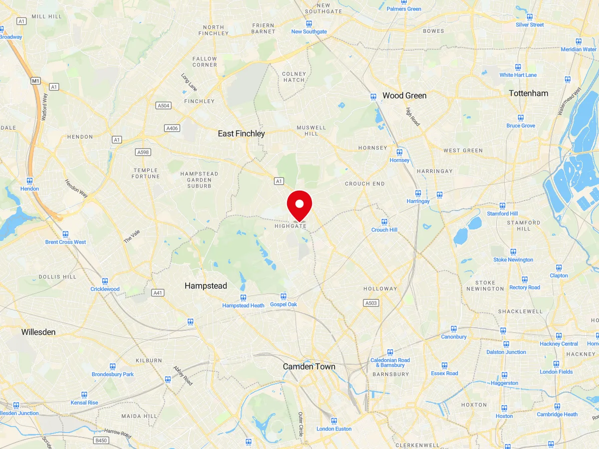 Map of Highgate, North London — MyCarGlass mobile windscreen replacement and repair service area