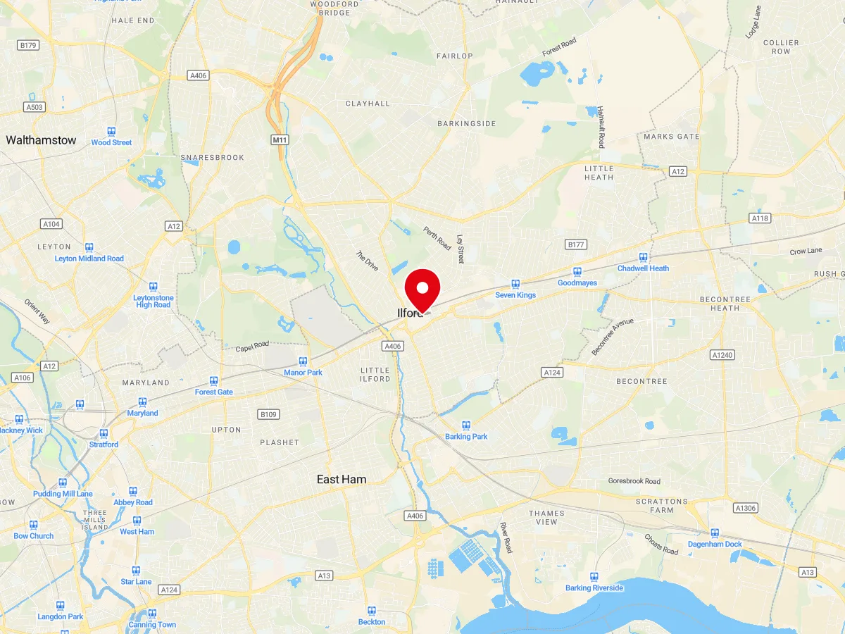 Map of Ilford, East London / Essex — MyCarGlass mobile windscreen replacement and repair service area