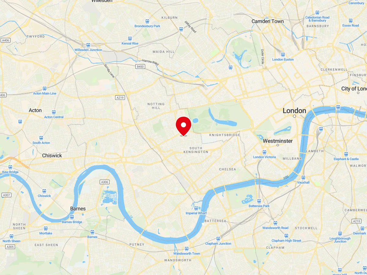 Map of Kensington, Central London — MyCarGlass mobile windscreen replacement and repair service area