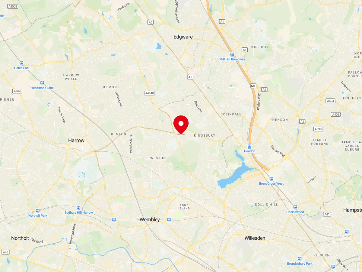 Map of Kingsbury, NW London — MyCarGlass mobile windscreen replacement and repair service area