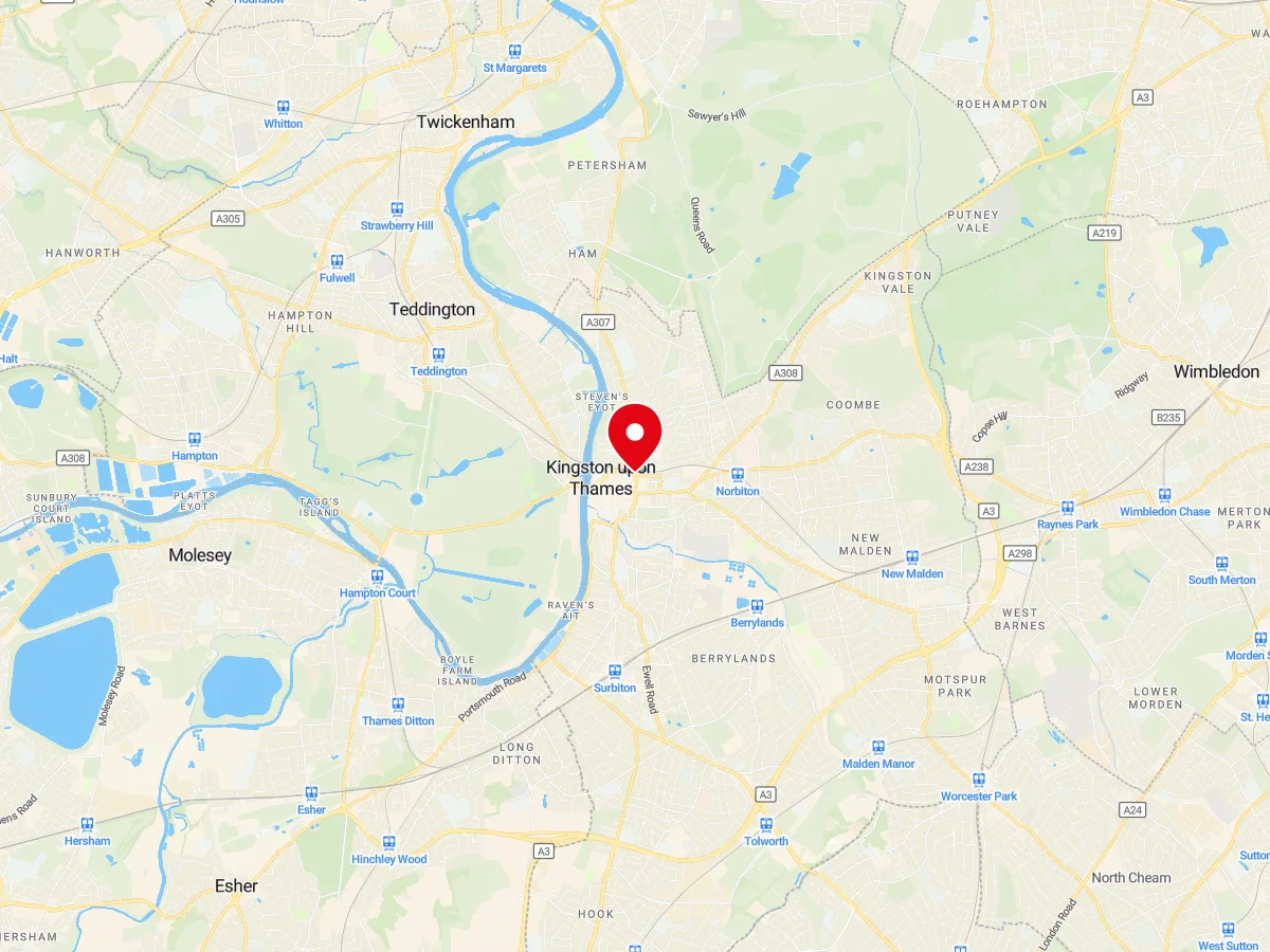 Map of Kingston upon Thames, SW London / Surrey — MyCarGlass mobile windscreen replacement and repair service area