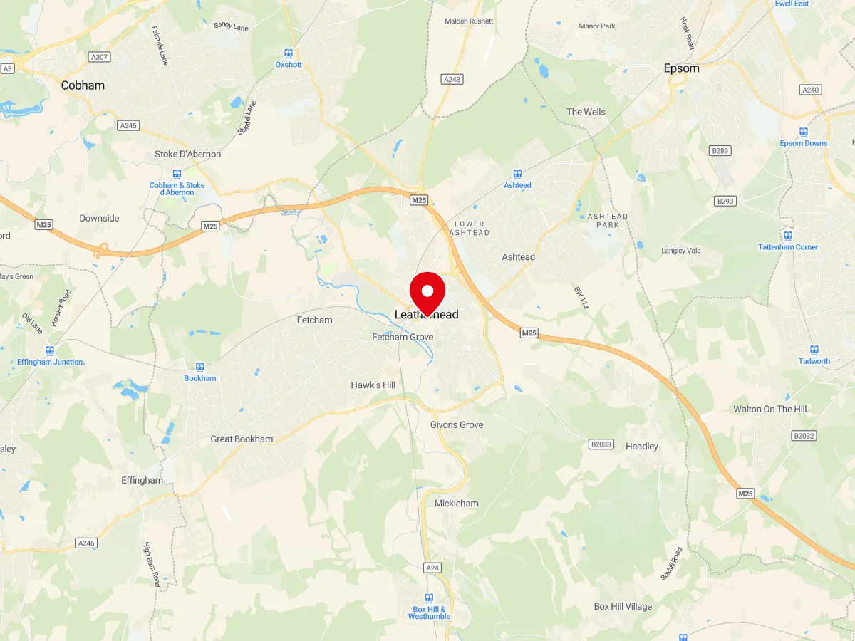 Map of Leatherhead, Surrey — MyCarGlass mobile windscreen replacement and repair service area