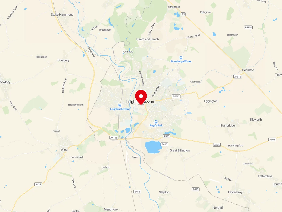 Map of Leighton Buzzard, Bedfordshire — MyCarGlass mobile windscreen replacement and repair service area