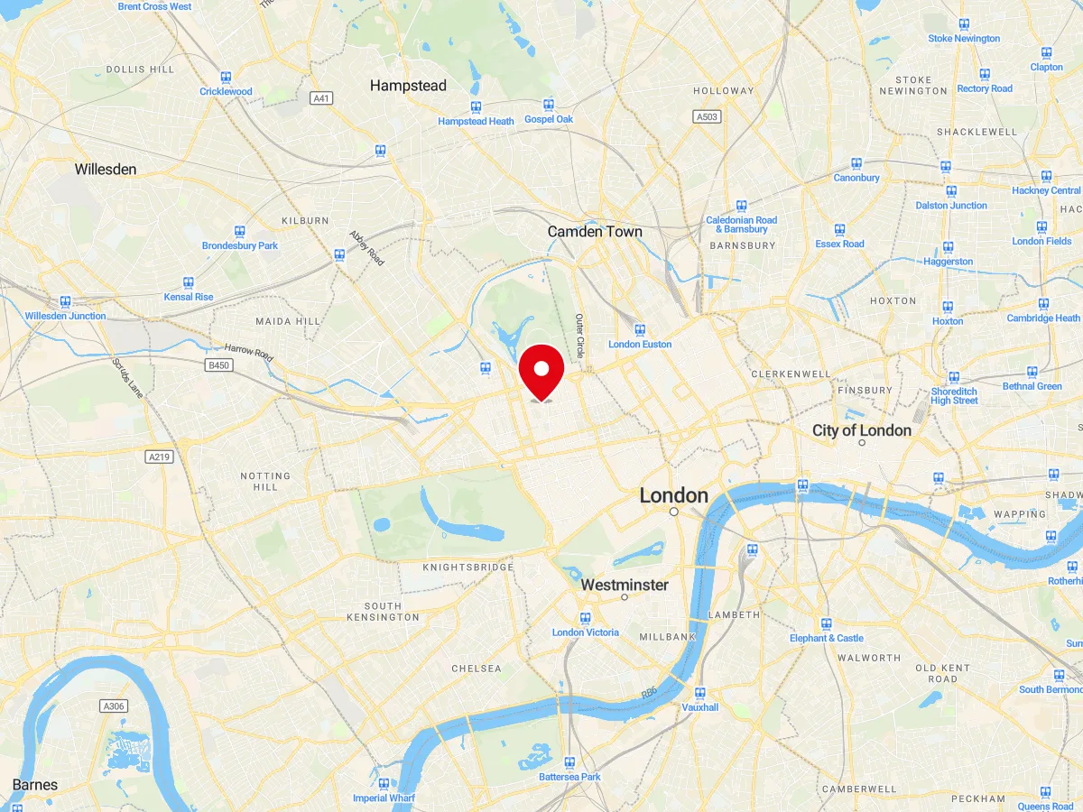 Map of Marylebone, Central London — MyCarGlass mobile windscreen replacement and repair service area
