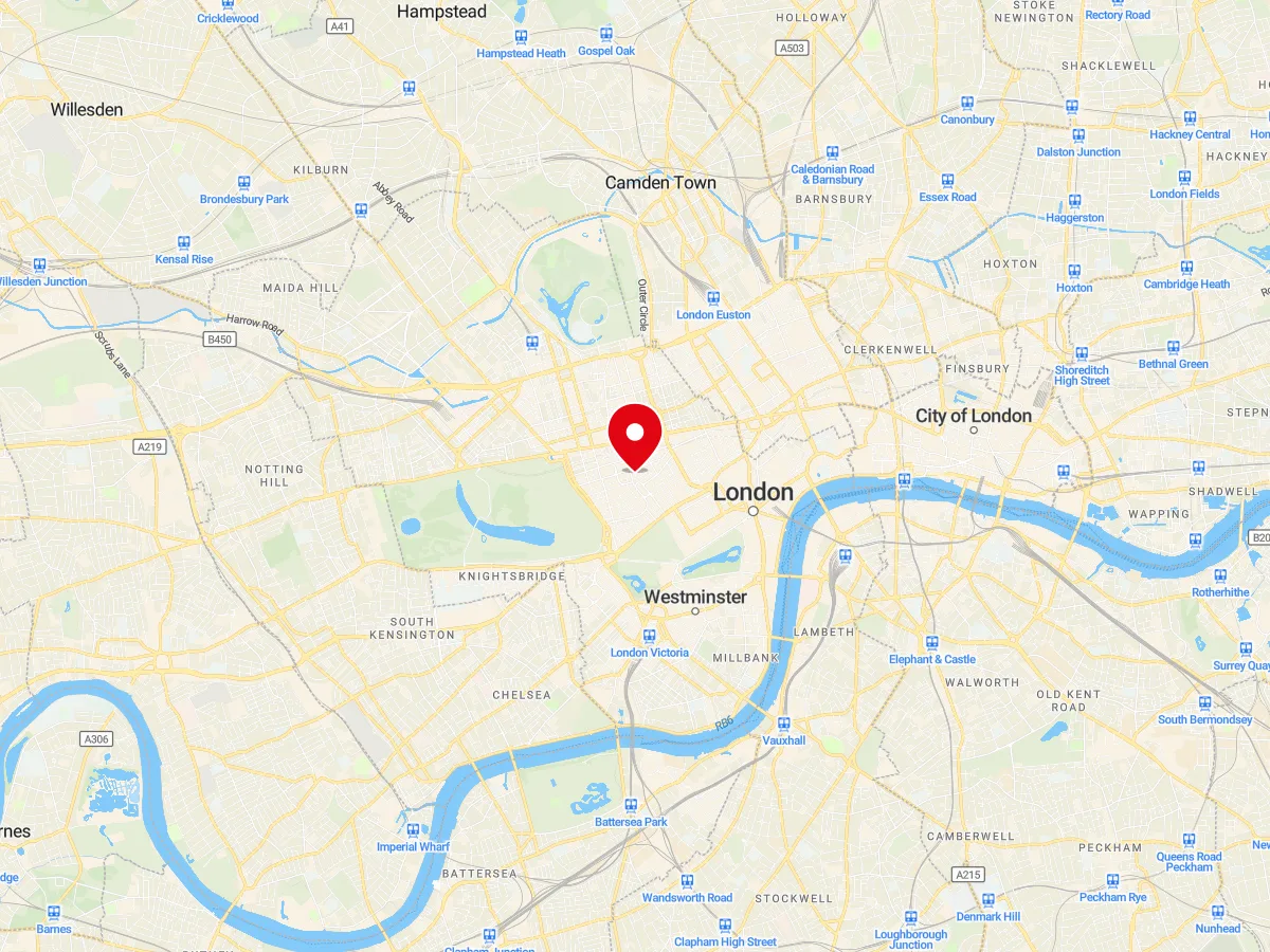 Map of Mayfair, Central London — MyCarGlass mobile windscreen replacement and repair service area