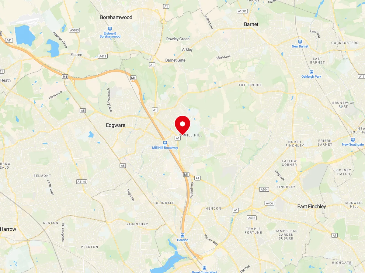 Map of Mill Hill, North London — MyCarGlass mobile windscreen replacement and repair service area
