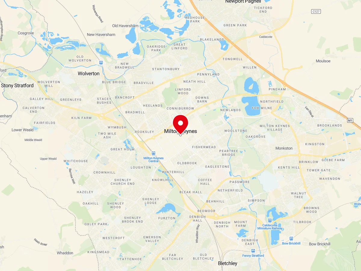 Map of Milton Keynes, Buckinghamshire — MyCarGlass mobile windscreen replacement and repair service area