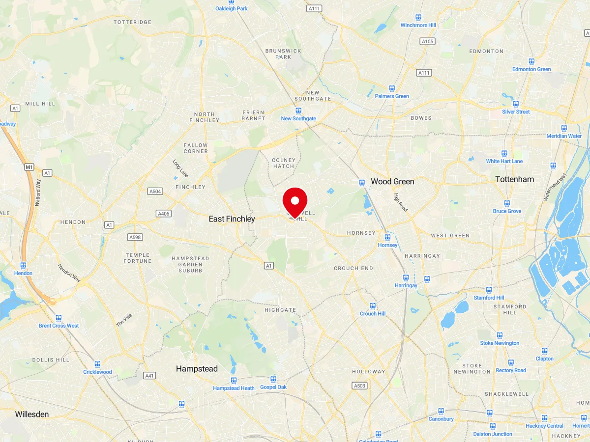 Map of Muswell Hill, North London — MyCarGlass mobile windscreen replacement and repair service area