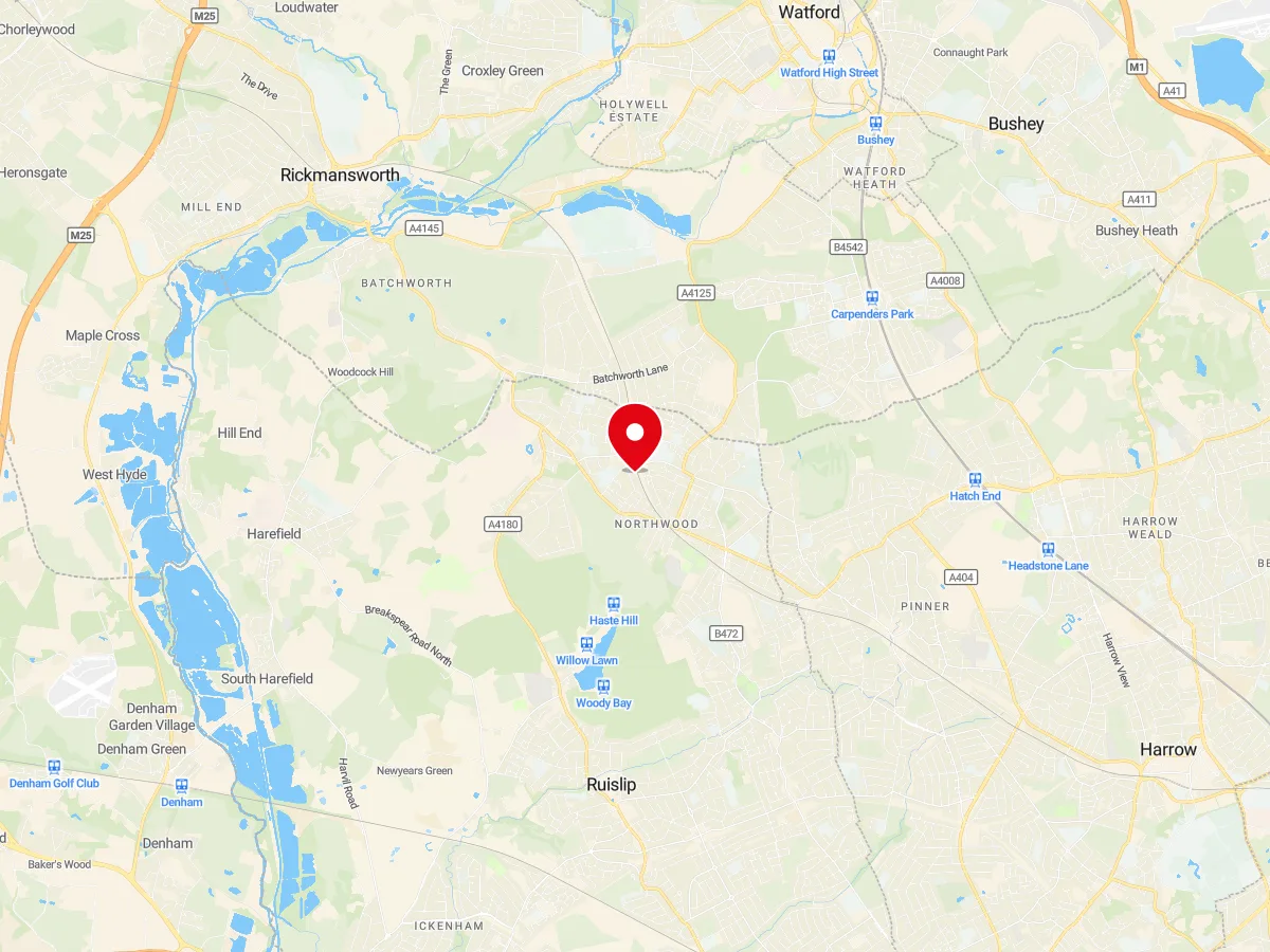 Map of Northwood, Hillingdon/Middlesex — MyCarGlass mobile windscreen replacement and repair service area