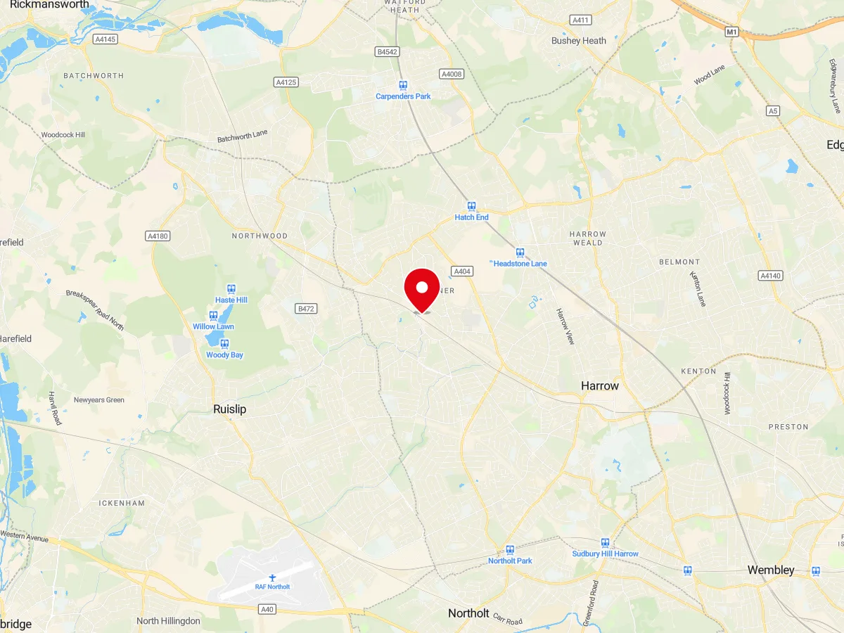 Map of Pinner, NW London — MyCarGlass mobile windscreen replacement and repair service area