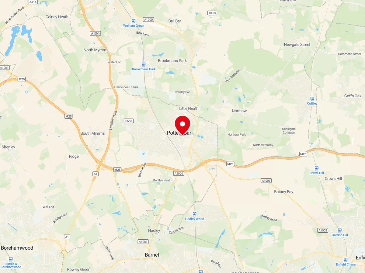 Map of Potters Bar, Hertfordshire — MyCarGlass mobile windscreen replacement and repair service area